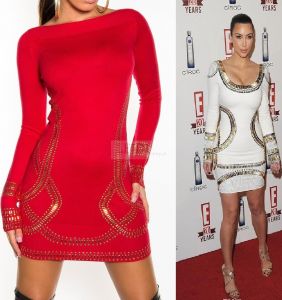 Czerwona dzianinowa sukienka ze złotymi jetami w stylu Kim Kardashian
