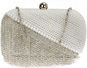 Srebrny kuferek z cyrkoniami i sztucznymi perłami | cyrkoniowe torebki na wesele