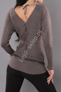 Dzianinowa bluzka z kokardkami mokka| swetry damskie