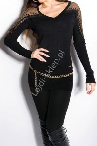 Czarny Dzianinowy sweter z gipiurową koronką oraz cyrkoniami| swetry damskie