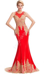Czerwona suknia ślubna ze złotą gipiurą| wyrafinowana suknia na wesele