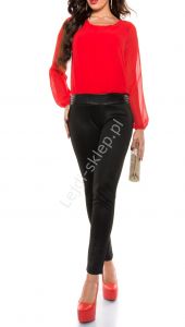 Kombinezon damski - czerwona szyfonowa bluzka + czarne spodnie | kombinezony damskie