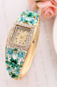 Zegarek z turkusowo szmaragdowymi kwiatami i cyrkoniami | zegarek damski