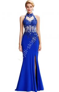 Niebieska suknia wieczorowa zdobiona aplikacjami z gipiury i kryształkami | niebieskie sukienki wiec