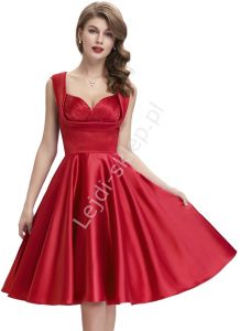 Czerwona sukienka w stylu retro , zaplisowania na biuście | rozkloszowane czerwone sukienki