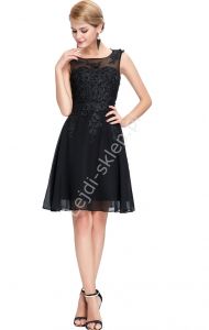 Czarna sukienka wieczorowa z koralami i gipiurą| czarne sukienki wieczorowe, studniówkowe