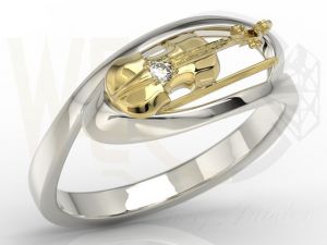 Pierścionek w kształcie skrzypiec z białego i żółtego złota z diamentem BP-1302BZ