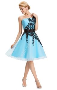 Błękitna sukienka z gipiurową koronką| sukienki na wesela, dla druhen, na bal