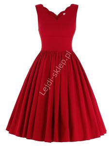 Czerwona rozkloszowana sukienka z falistym wykończeniem dekoltu| sukienka lata 60-te, 70-te, 80-te