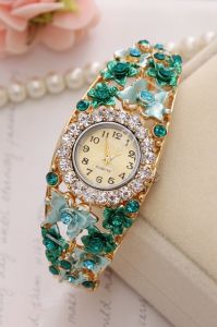 Biżuteryjny zegarek z motylkami i różami 3D | turkusowe zegarki, zegarek bransoletka