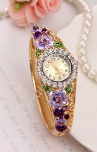 Zegarek z fioletowymi i wrzosowymi kwiatami | zegarek z cyrkoniami