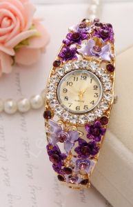 Biżuteryjny zegarek z motylkami i różami 3D |fioletowe zegarki, zegarek bransoletka
