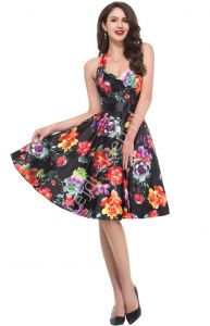 Czarna sukienka pin-up  wiązana na szyi, kolorowe kwiaty| sukienki lata 60-te,70-te, 75-4