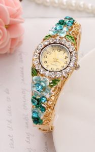 Zegarek z turkusowymi  kwiatami  3D| zegarek z cyrkoniami