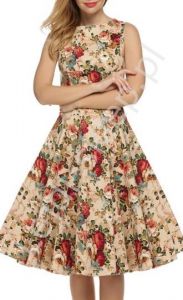 Beżowa sukienka w kwiaty | rozkloszowana kwiatowa sukienka