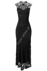 Czarna koronkowa sukienka z siateczką przy dekolcie | sukienki sylwetrowe, karnawałowe