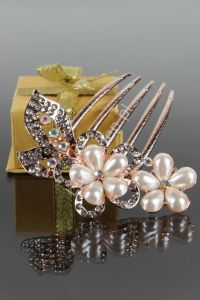 Grzebyk do włosów, złoty z perłowymi kwiatami | biżuteria ślubna