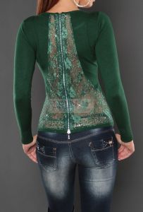 Sweter z koronką na plecach, butelkowa zieleń