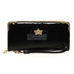 Lakierowany portfel z broszką- złota korona w kryształki kolor czarny