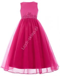 Różowa sukienka w odcieniu fuksja zdobiona koronka dla dziewczynki | sukienki na wesele dla dziewczy