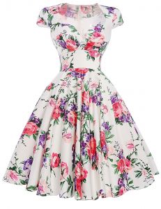 Kwiatowa sukienka pin-up fioletowo różowe kwiaty , swingdress | Sukienka w kwiaty vintage z rękawkie