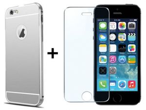 Zestaw Obudowa Bumper Metal Case Zolti Srebrna + Szkło ochronne Perfect Glass Apple iPhone 5 / 5S