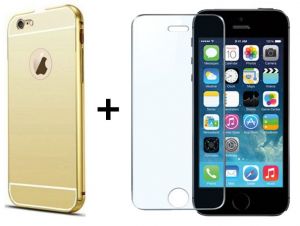 Zestaw Obudowa Bumper Metal Case Zolti Złota + Szkło ochronne Perfect Glass Apple iPhone 5 / 5S