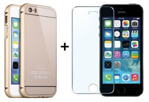Zestaw Obudowa Bumper Metal Case Złota + Szkło ochronne Perfect Glass Apple iPhone 5 / 5S / SE