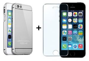 Zestaw Obudowa Bumper Metal Case Srebrna + Szkło ochronne Perfect Glass Apple iPhone 5 / 5S / SE