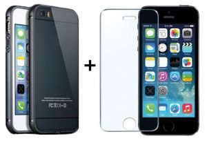 Zestaw Obudowa Bumper Metal Case Czarna + Szkło ochronne Perfect Glass Apple iPhone 5 / 5S / SE