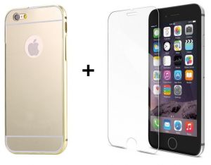 Zestaw | Mirror Bumper Metal Case Złoty + Szkło ochronne Perfect Glass | Etui dla Apple iPhone 6 / 6