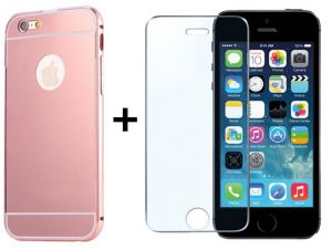 Zestaw | Mirror Bumper Metal Case Różówy + Szkło ochronne Perfect Glass | Etui dla Apple iPhone 5 /